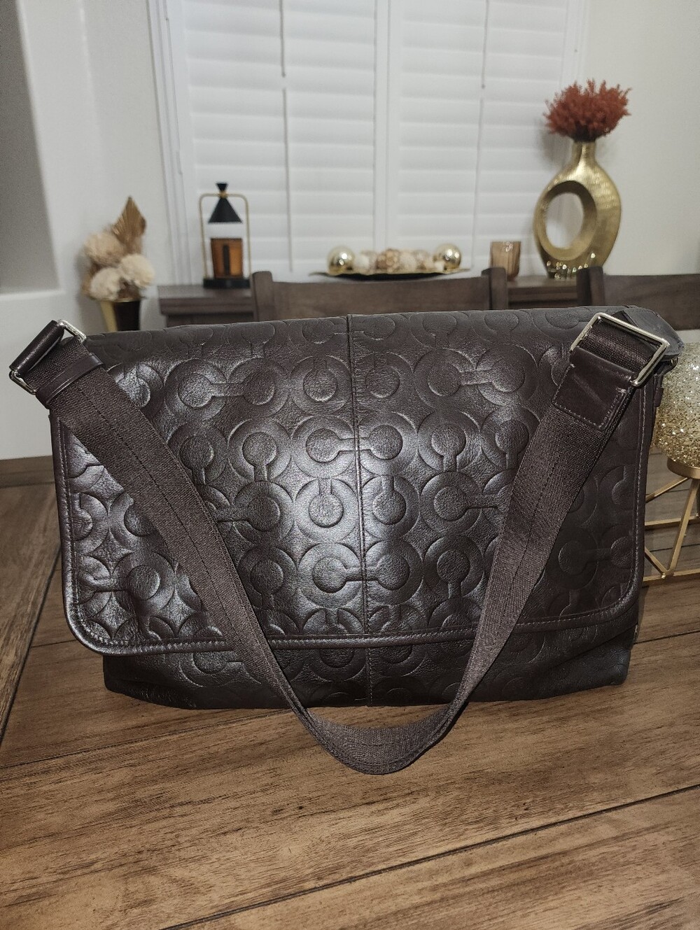 Coach Embossed Leather Messenger Bag - Dark Brown
